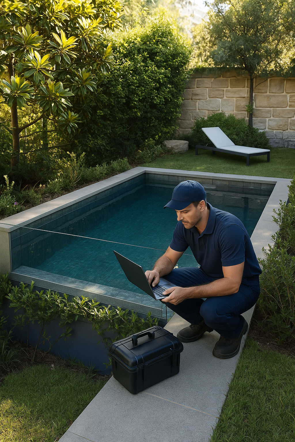 Técnico especializado reparando sistema de filtración y bombeo de piscina con herramientas profesionales